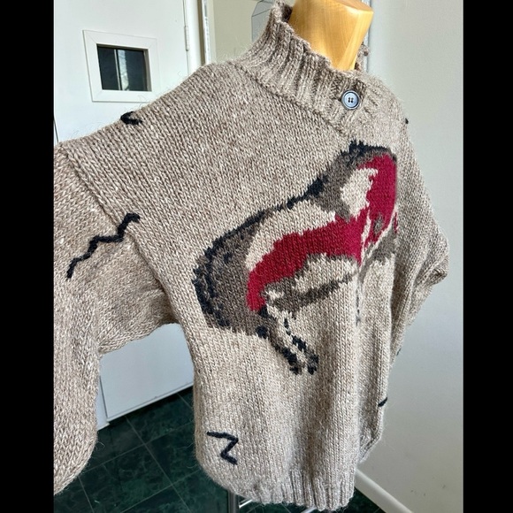 VINTAGE 1990s HANDKNIT ICELANDIC WOOL MENS SWEATER PREHISTORIC CAVE PAINTING XXL - Picture 3 of 8